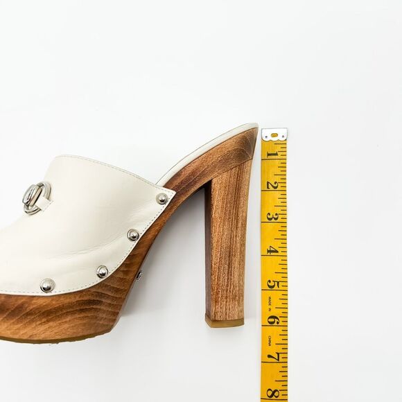 Gucci Horsebit White Mules Platform Leather Wooden Heels Sandals 38.5, 8.5 - Picture 14 of 15